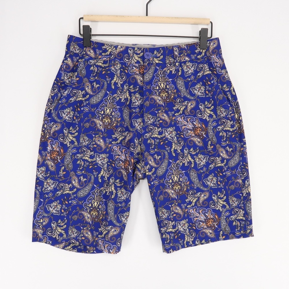 Hreski Shorts Mens 30 Blue Paisley Golf Stretch Loud Performance‎ Flat Front